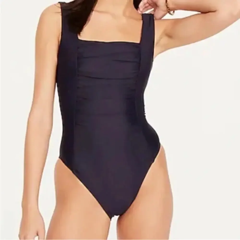 NWT J. Crew Black Ruched Square Neck One-Piece Swim Bathing Suit Women's Size 24